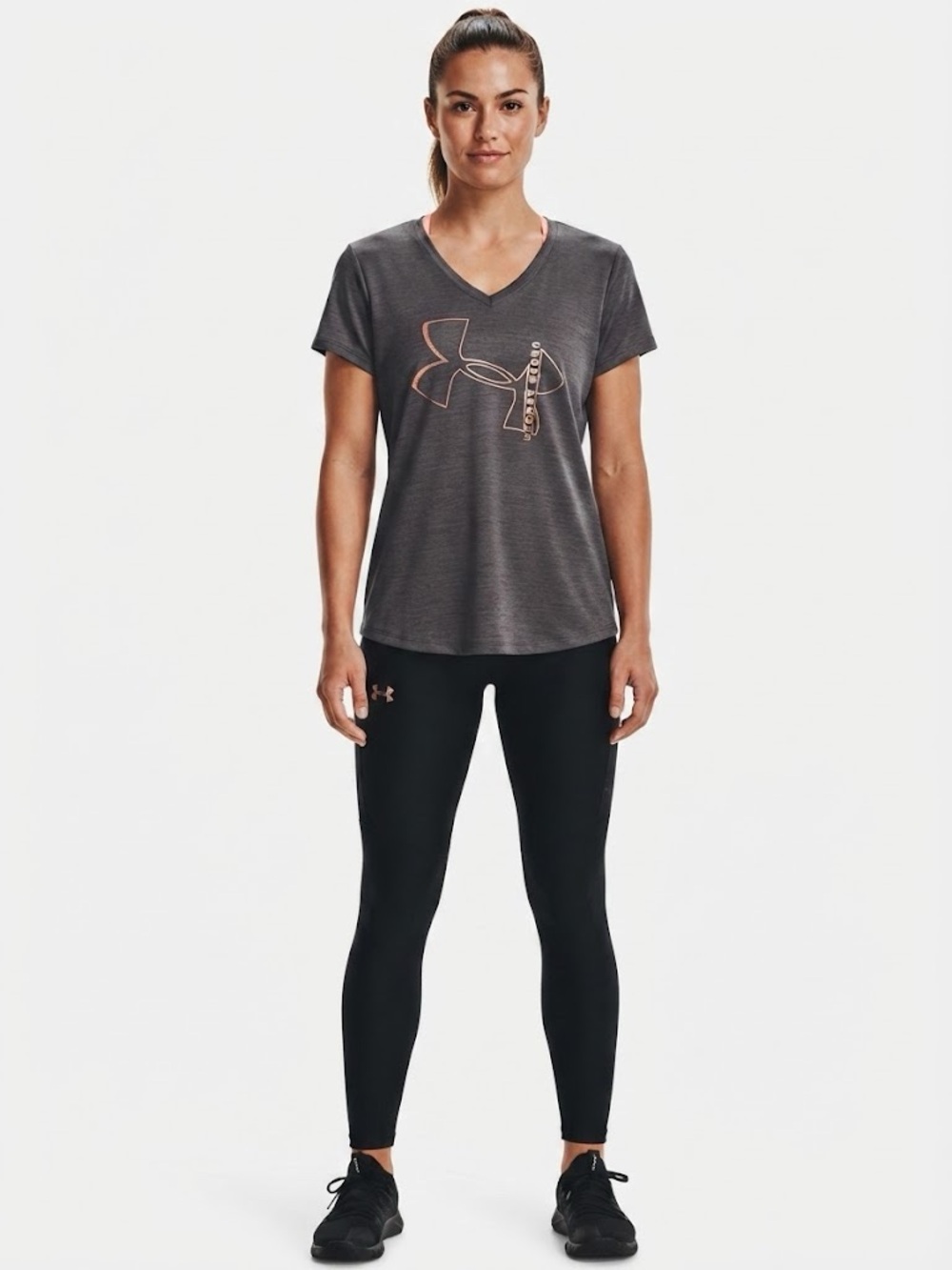 Under Armour Women’s Charcoal V-Neck Tee with Pale Pink Logo